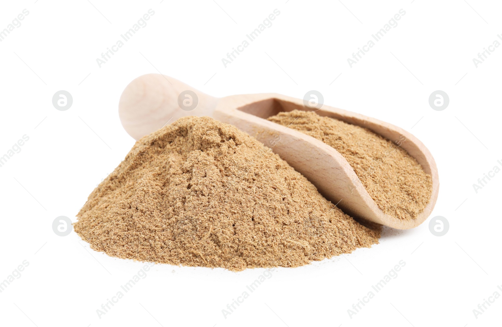 Photo of Dietary fiber. Heap of psyllium husk powder and scoop isolated on white