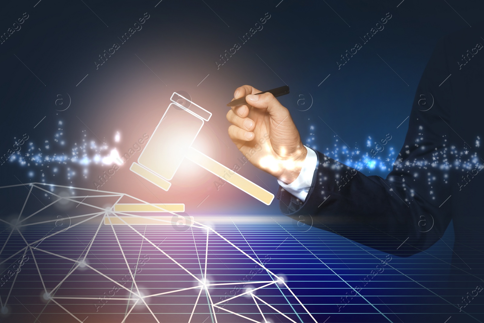 Image of Auction. Man using digital screen with glowing illustration of sound block and gavel against dark background, closeup