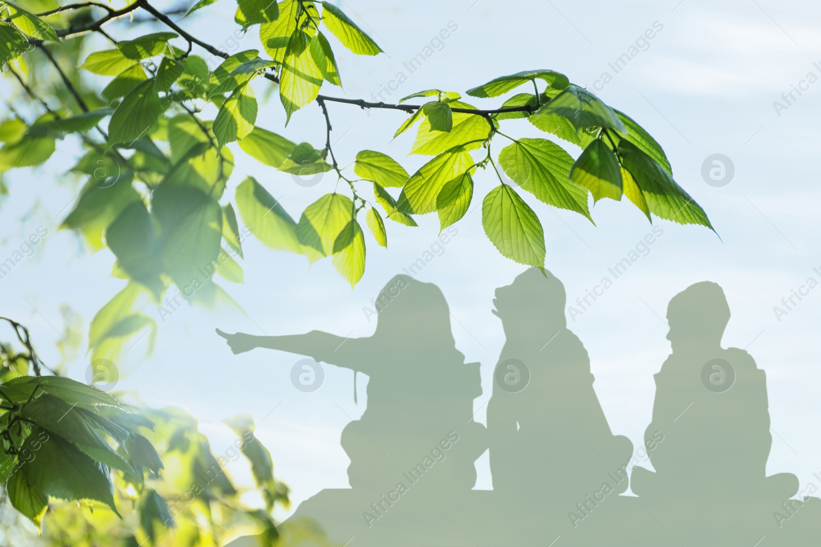 Image of Silhouettes of children and tree outdoors, double exposure