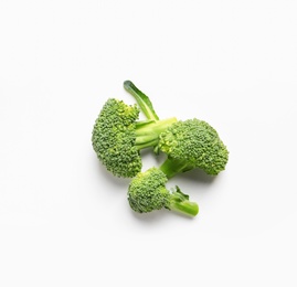Photo of Fresh broccoli on white background, top view. Natural food high in protein