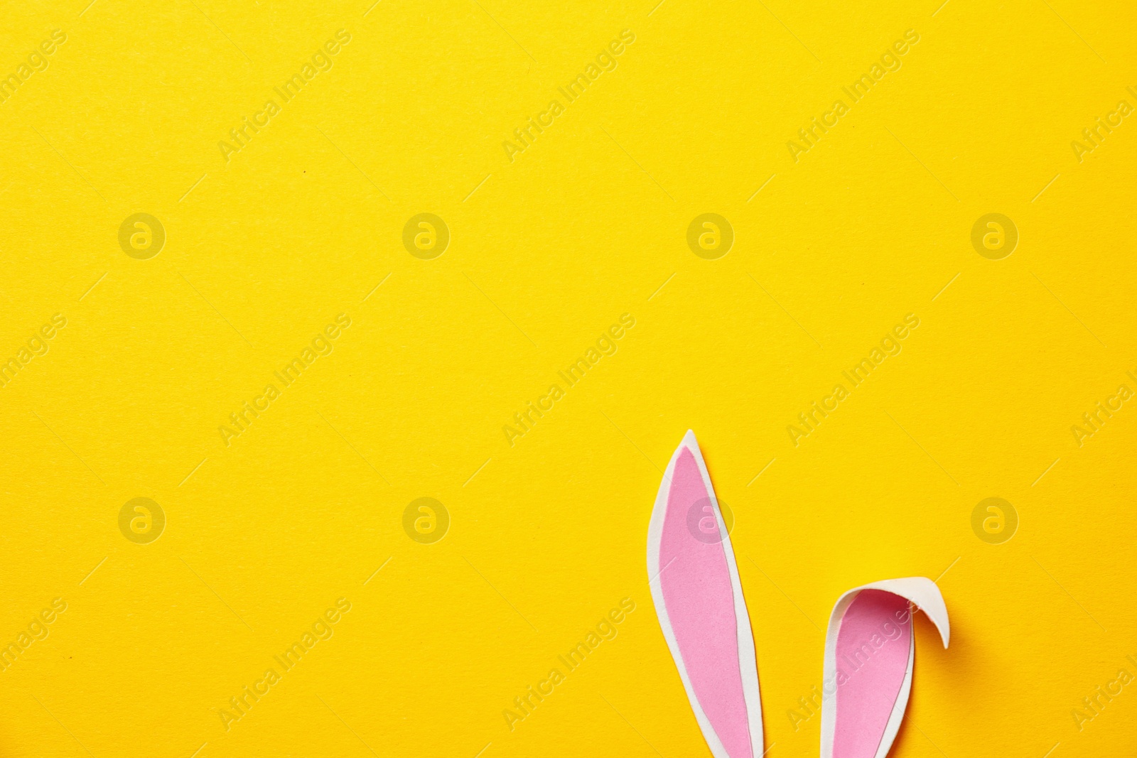 Photo of Funny Easter bunny ears on color background, top view with space for text