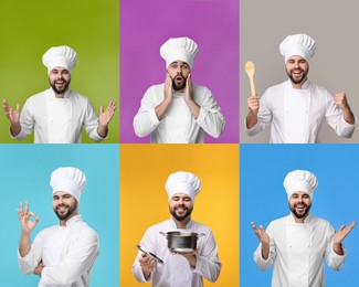 Collage with photos of professional chef on different color backgrounds
