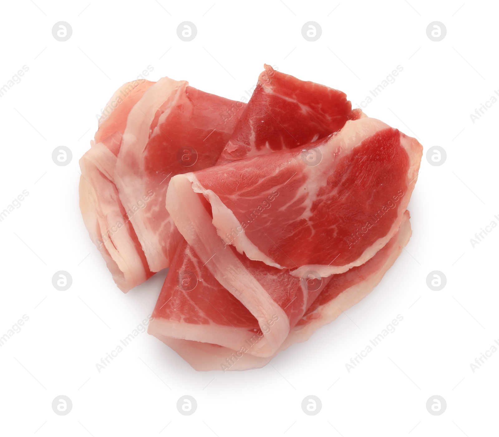 Photo of Slices of delicious jamon on white background, top view