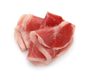 Photo of Slices of delicious jamon on white background, top view