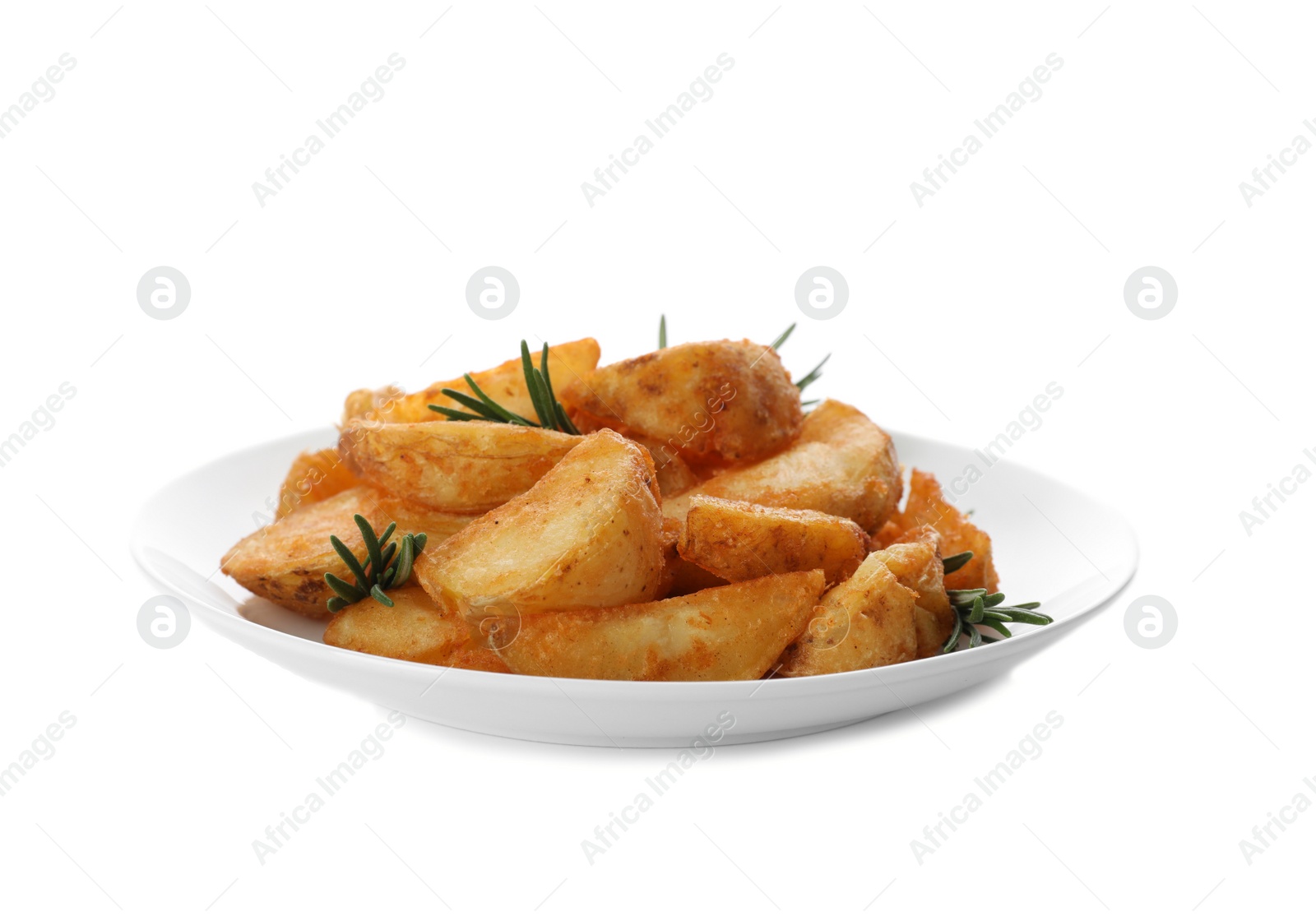 Photo of Plate with baked potatoes and rosemary on white background