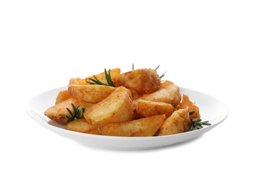 Photo of Plate with baked potatoes and rosemary on white background