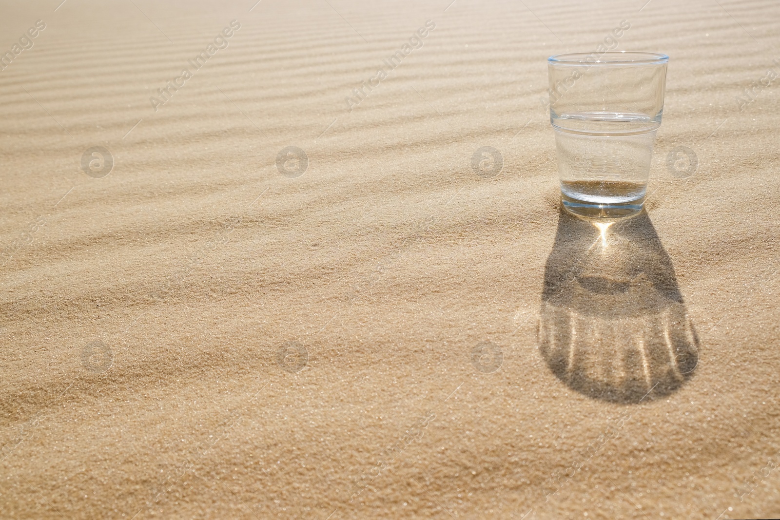 Photo of Glass of water on sand in desert. Space for text