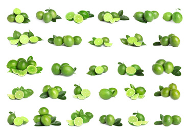 Set of fresh ripe limes on white background