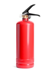 Photo of One red fire extinguisher on white background