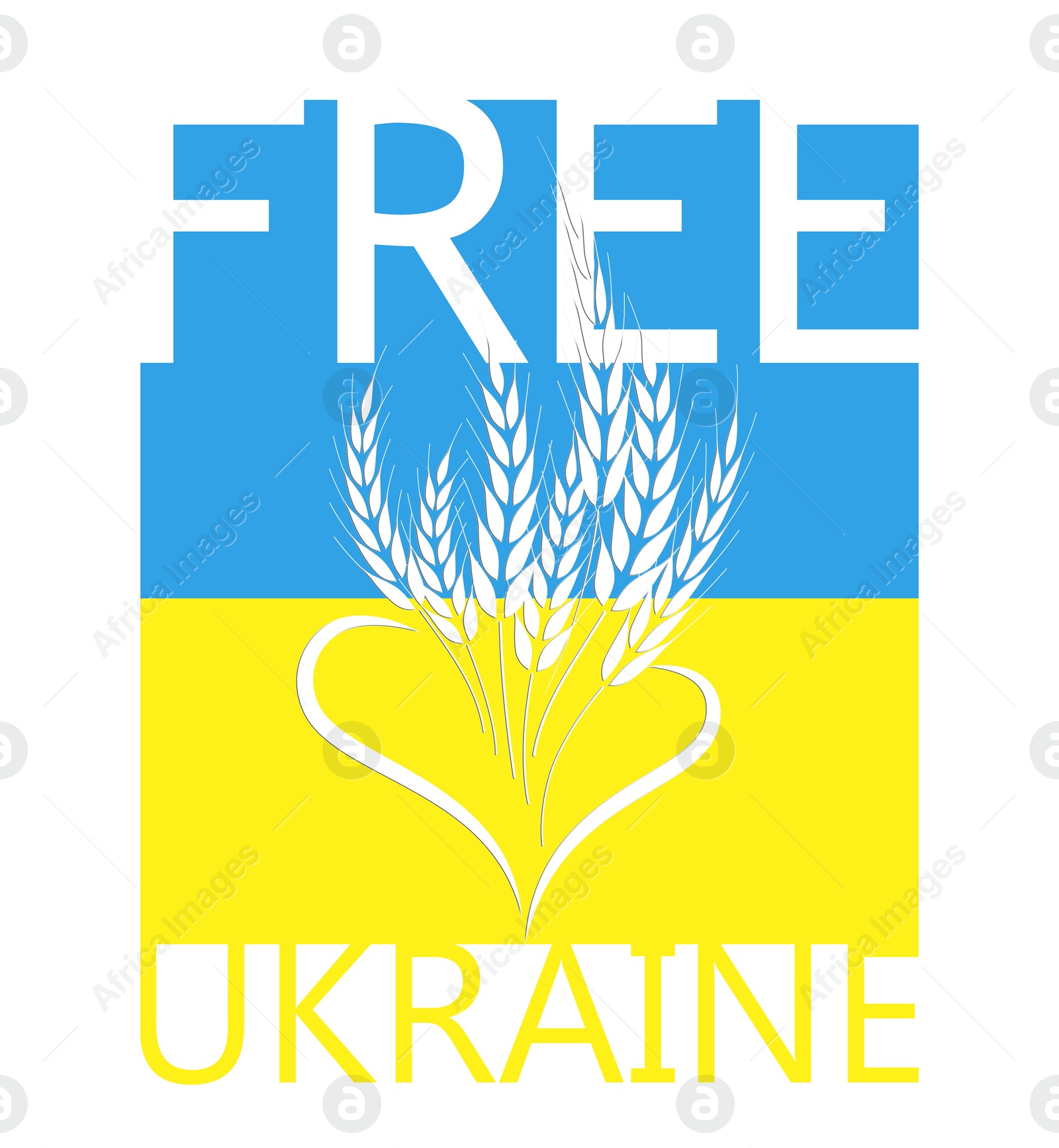 Illustration of Free Ukraine. Phrase and ears of wheat illustration in colors of Ukrainian flag on white background