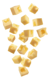 Collage with cubes of cheese falling on white background