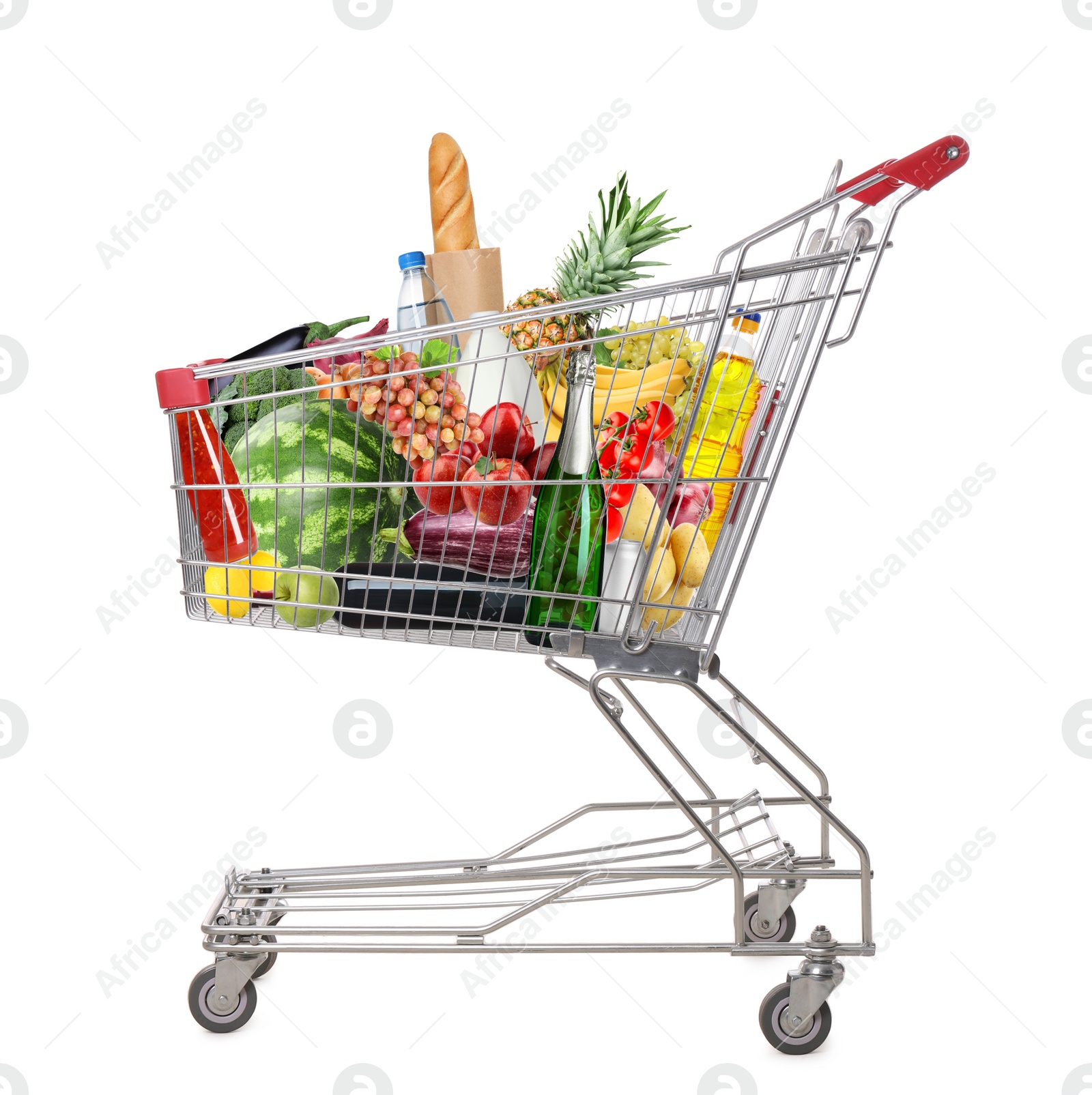 Image of Shopping cart with groceries on white background