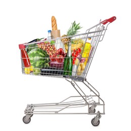 Image of Shopping cart with groceries on white background