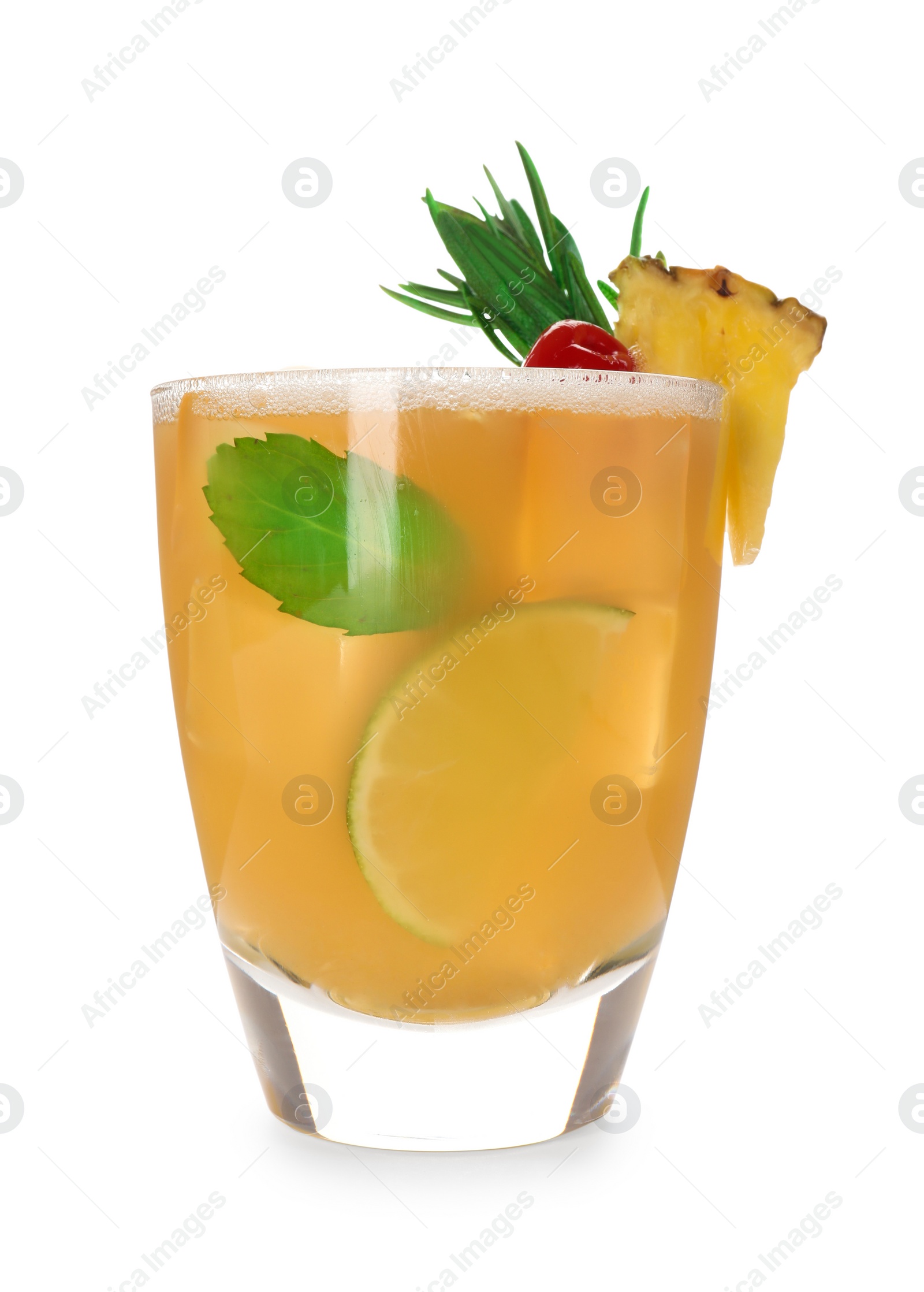 Photo of Glass of tasty pineapple cocktail with rosemary and cherry isolated on white
