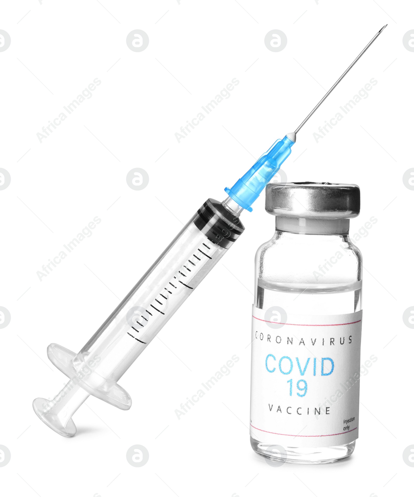 Photo of Vial with vaccine against coronavirus and syringe on white background