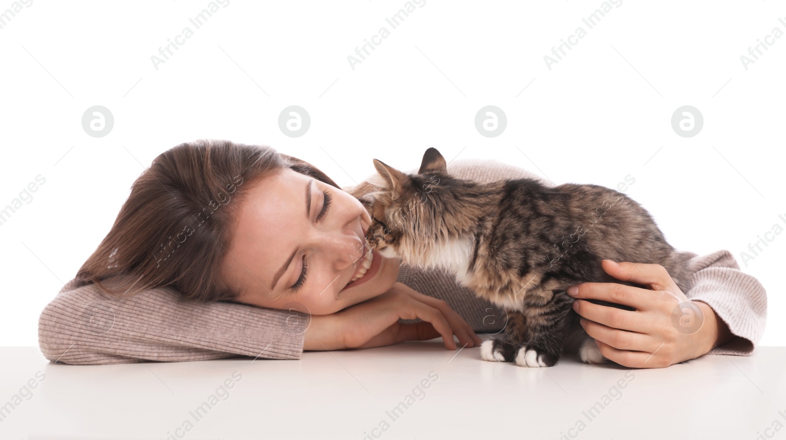 Photo of Young woman with cat on white background. Owner and pet