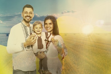 Image of Multiple exposure of happy family wearing national clothes, wheat field and Ukrainian flag