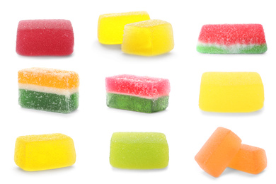 Set of delicious jelly candies on white background