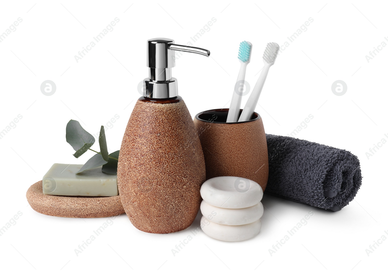 Photo of Bath accessories. Different personal care products and eucalyptus branch isolated on white