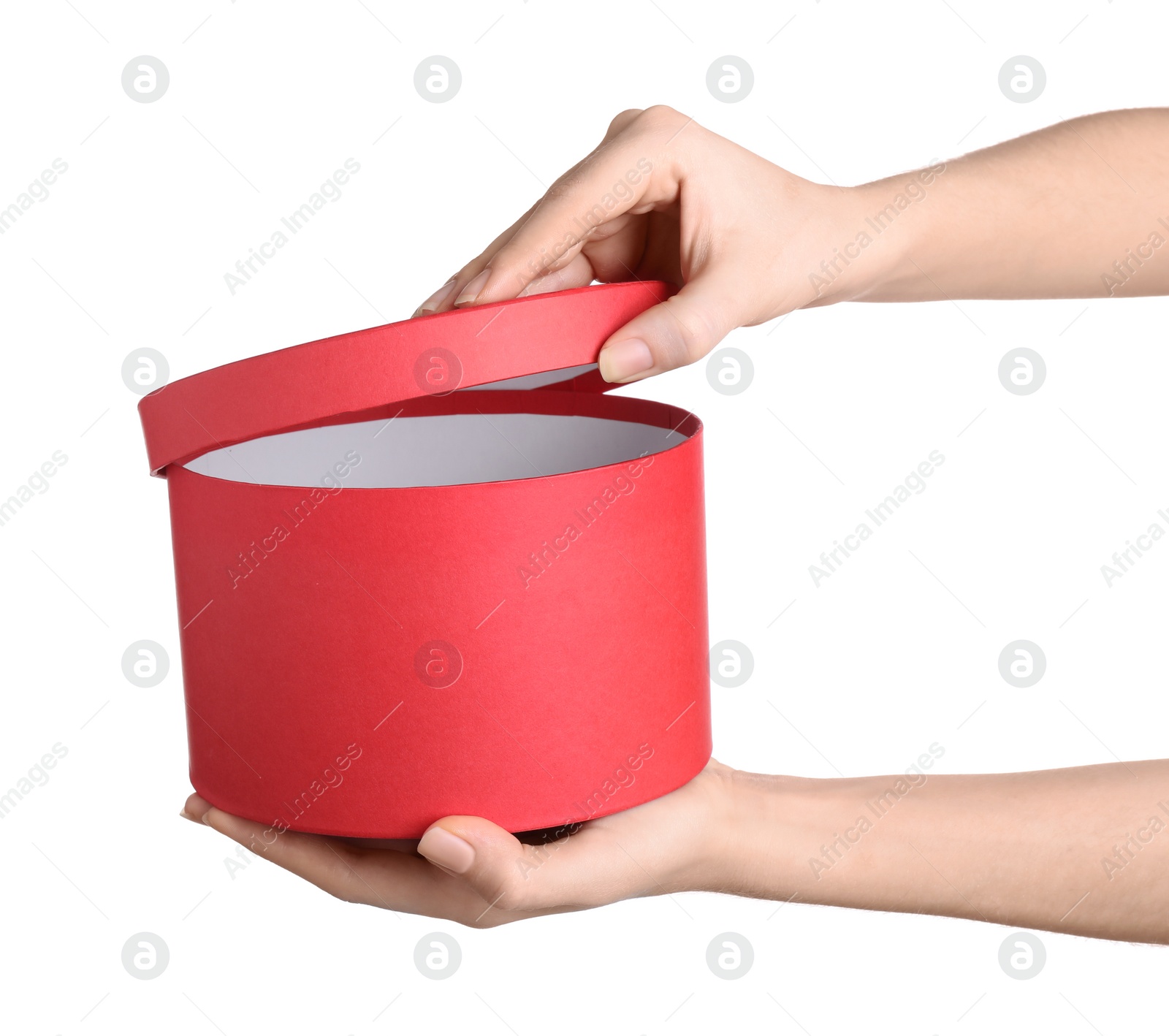 Photo of Woman opening gift box on white background, closeup