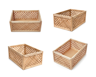 Image of Set of wooden crates on white background