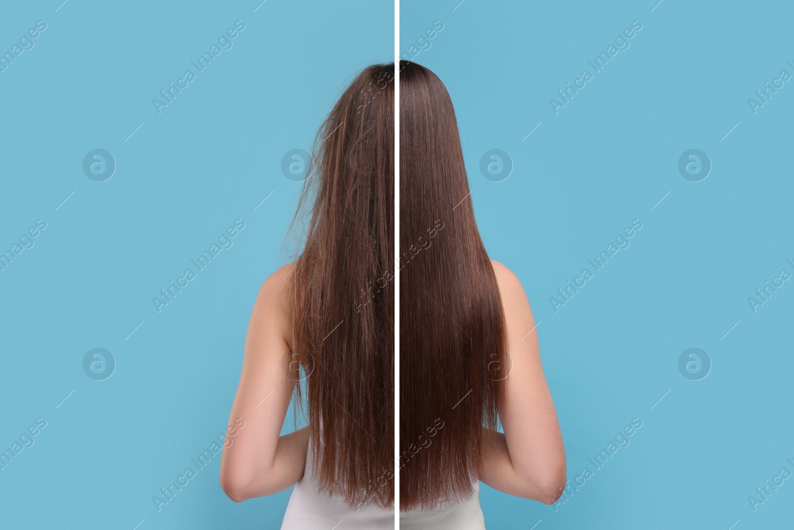 Image of Photo of woman divided into halves before and after hair treatment on light blue background, back view