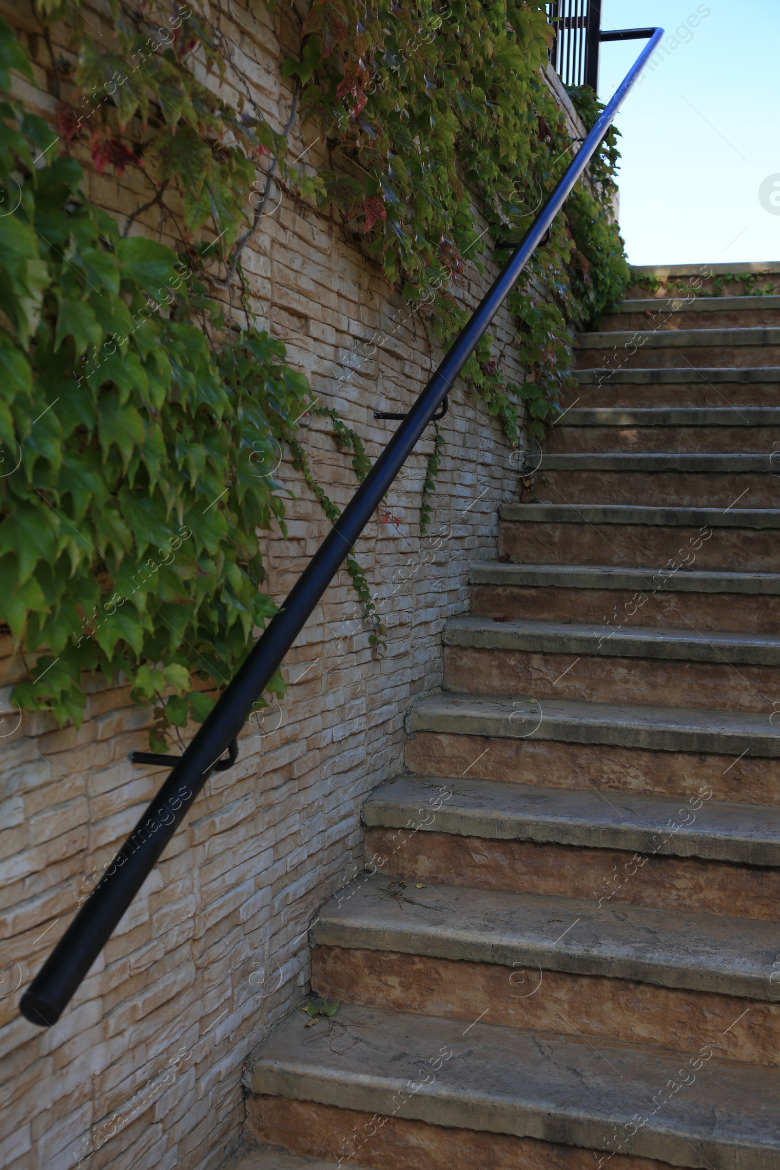 Photo of View of beautiful old stairs near brick wall with climber plant outdoors