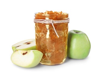 Photo of Glass jar of delicious apple jam and fresh fruits isolated on white