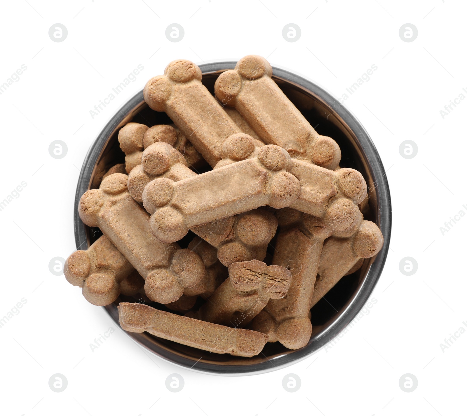 Photo of Bone shaped dog cookies in feeding bowl isolated on white, top view