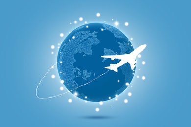 Illustration of Airplane flying around world on light blue background, illustration