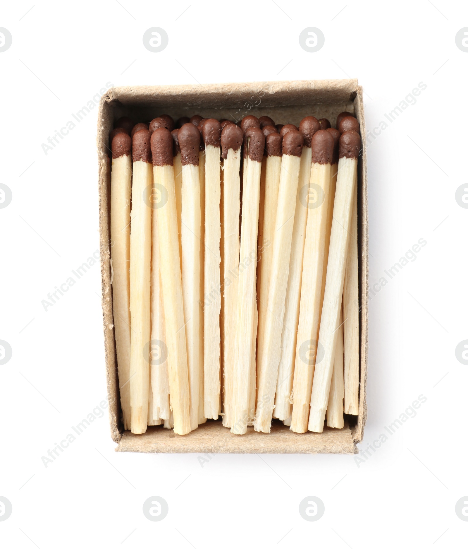 Photo of Cardboard box with matches on white background, top view