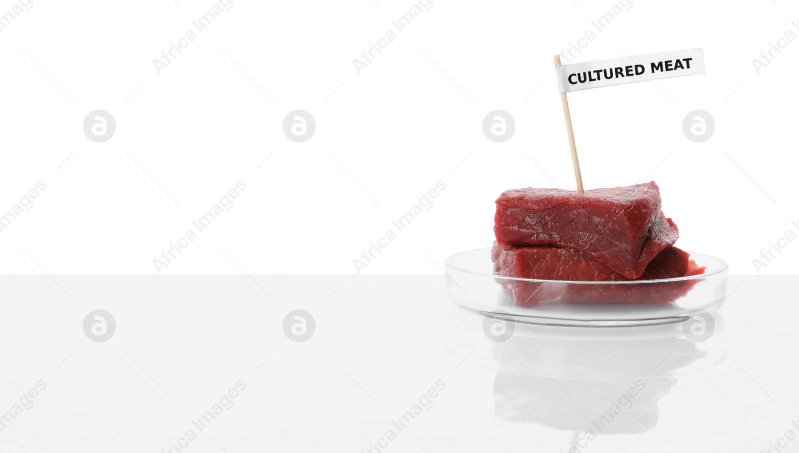 Photo of Petri dish with pieces of raw cultured meat and toothpick label on white background