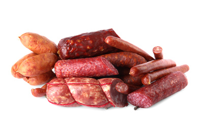 Different types of sausages on white background