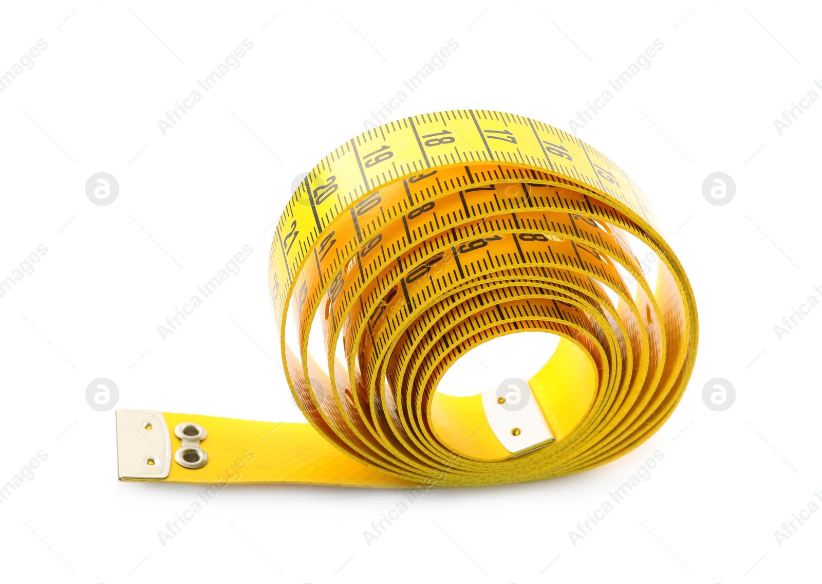 Photo of Long yellow measuring tape isolated on white