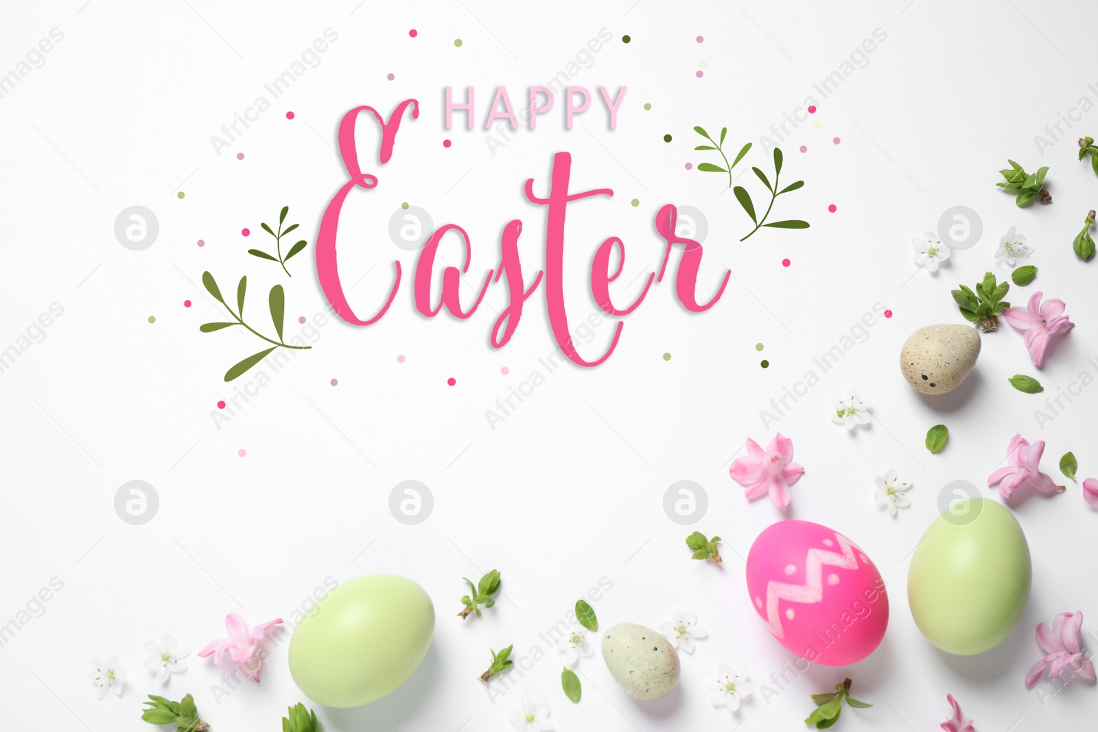 Image of Flat lay composition with eggs and text Happy Easter on white background