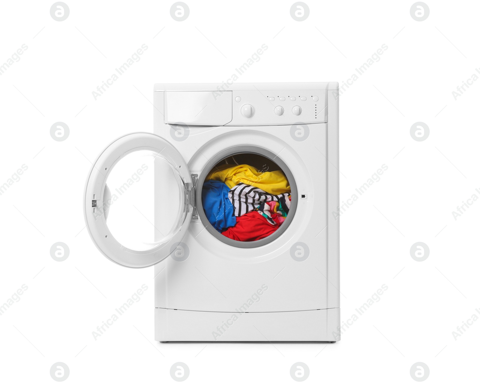 Photo of Modern washing machine with clothes isolated on white