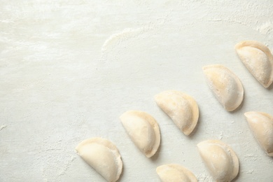 Raw dumplings on light background, top view with space for text. Process of cooking