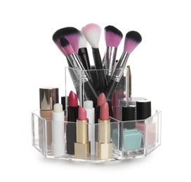 Photo of Set of makeup cosmetic products in organizer on white background