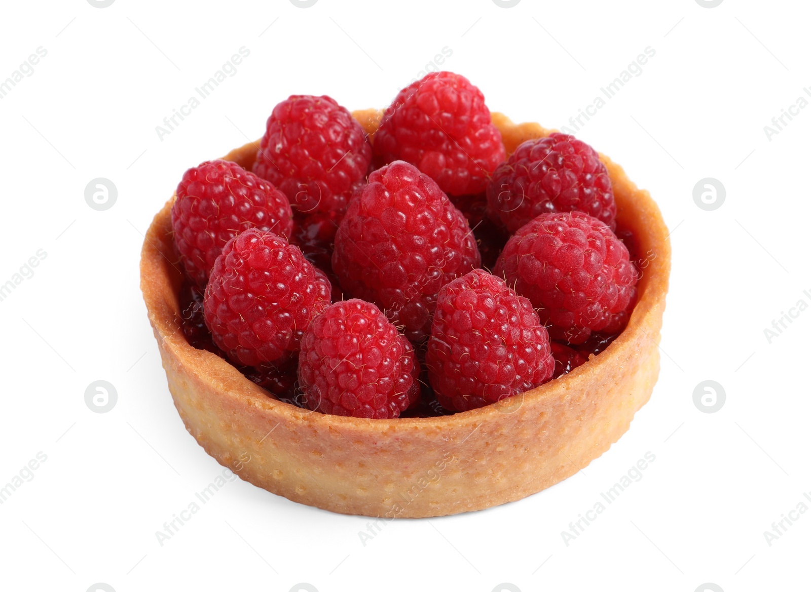 Photo of Tartlet with fresh raspberries isolated on white. Delicious dessert