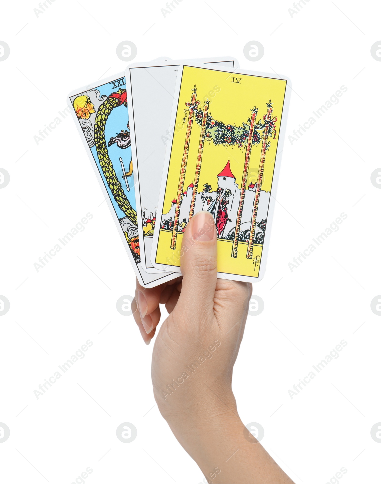 Photo of Woman holding tarot cards on white background, closeup