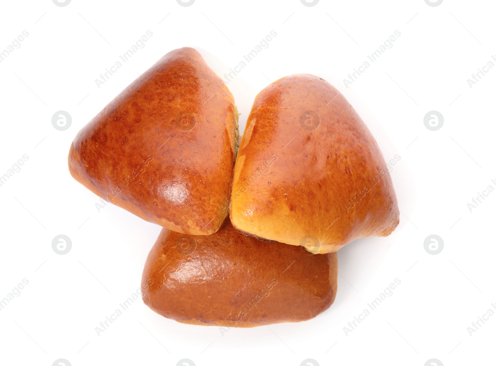 Photo of Delicious baked pirozhki on white background, top view