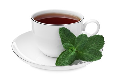 Cup of aromatic black tea with fresh mint on white background