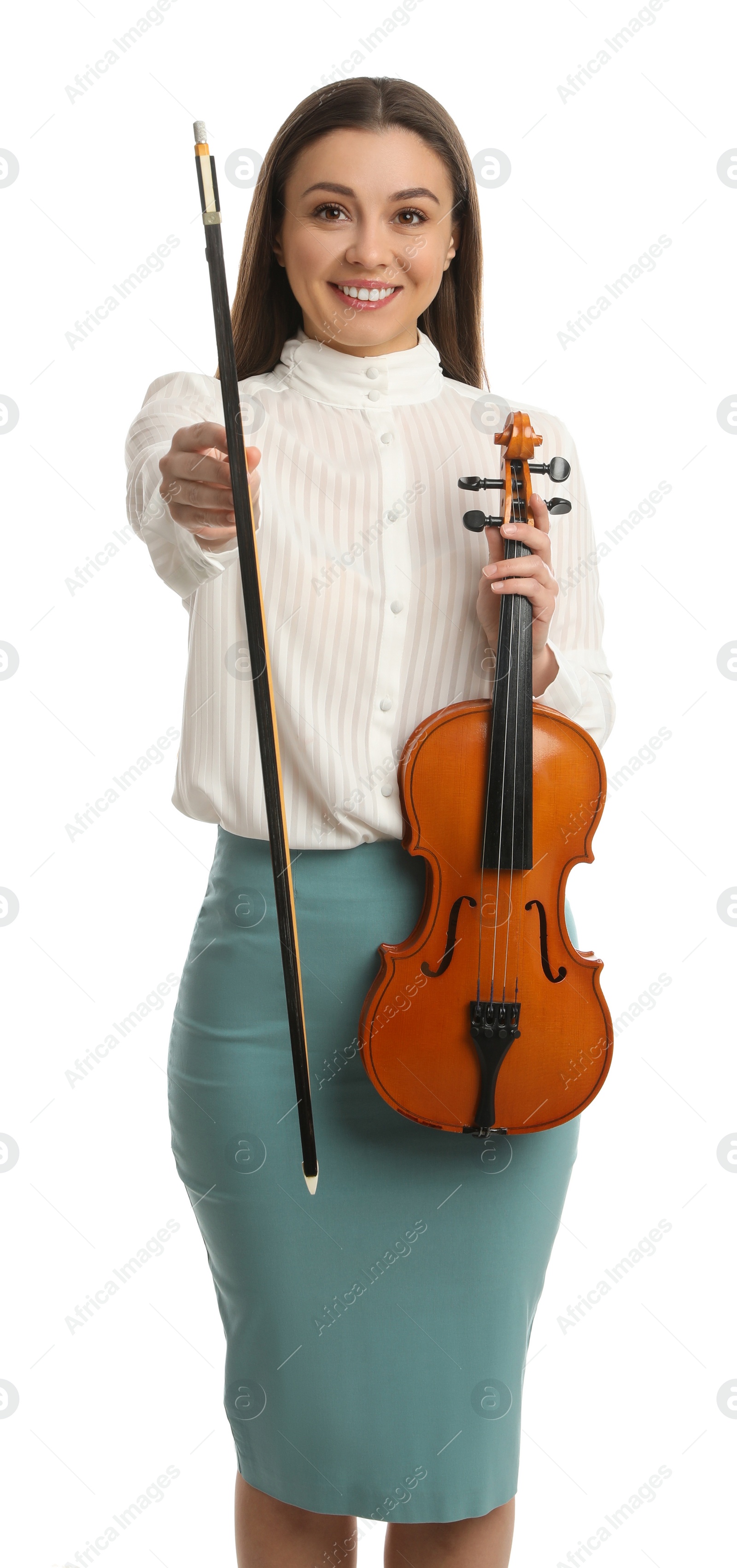 Photo of Music teacher with violin and bow on white background