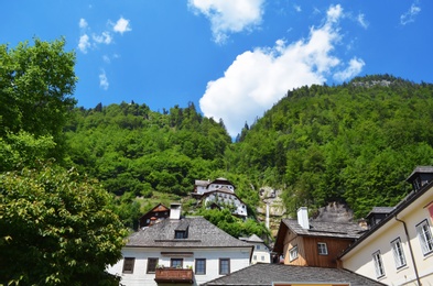 Picturesque view of town with beautiful buildings near mountain forest