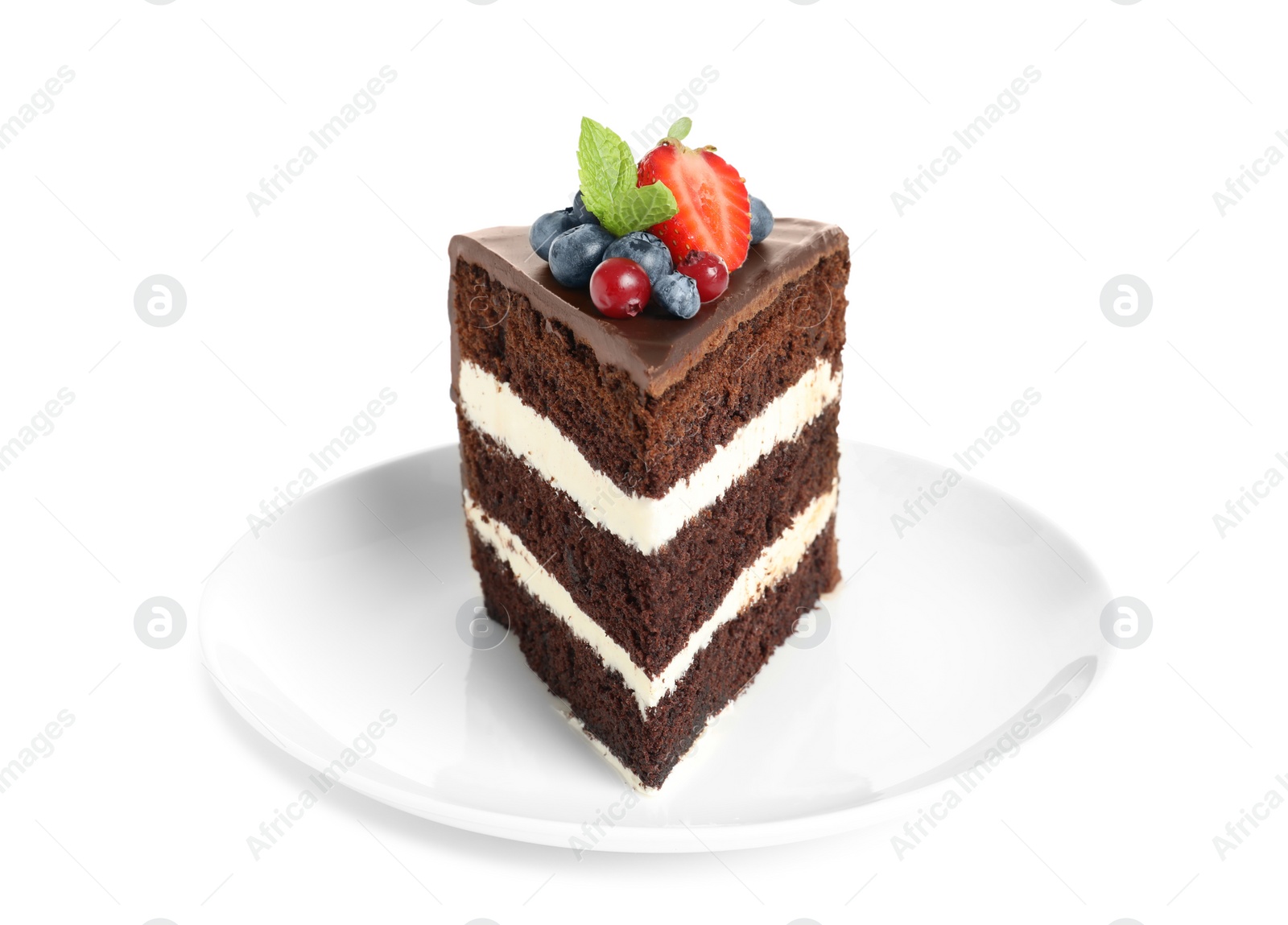 Photo of Plate with slice of chocolate sponge berry cake on white background