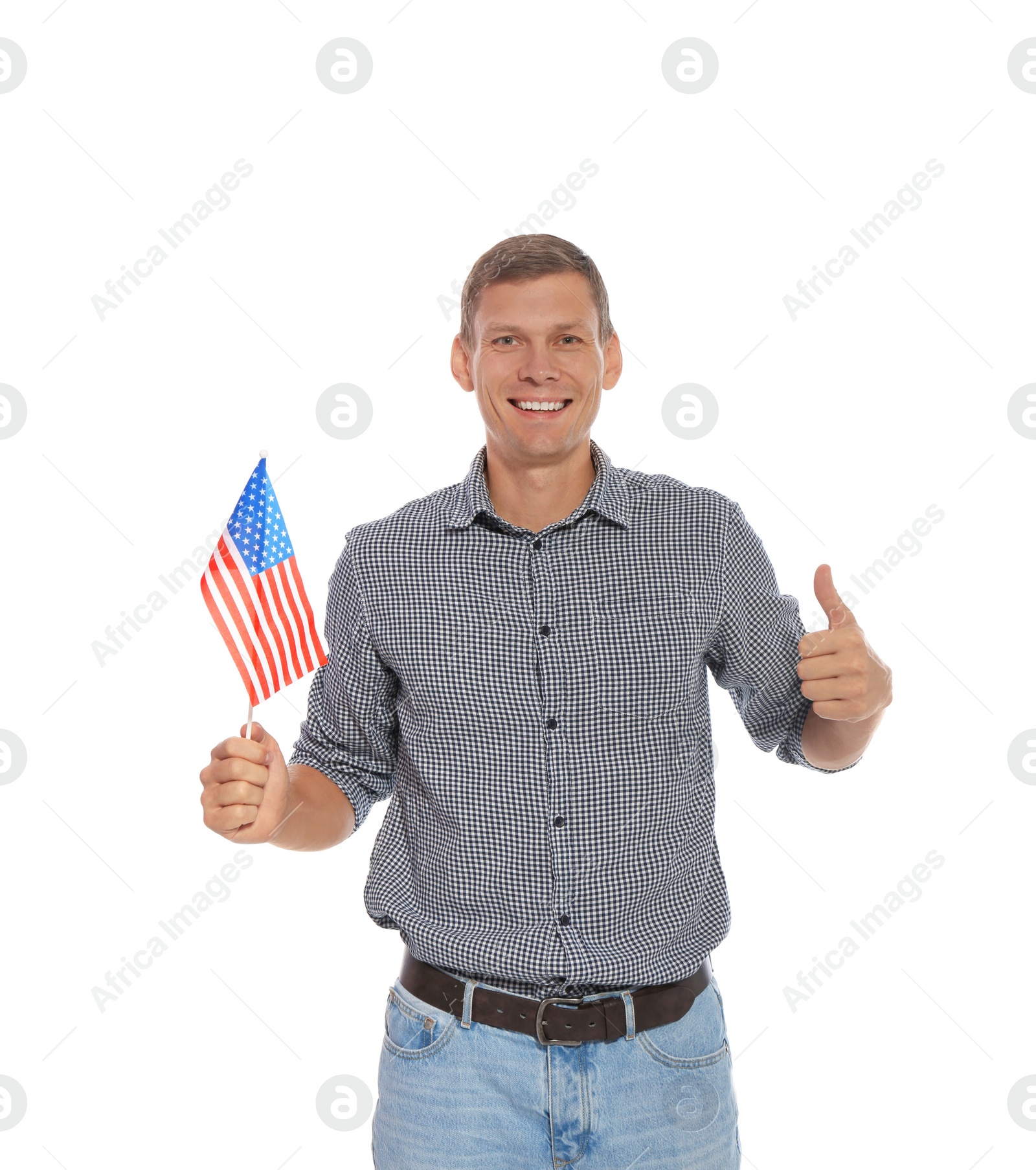 Photo of Portrait of man holding USA flag on white background