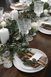 Photo of Luxury table setting with beautiful decor and blank card. Festive dinner