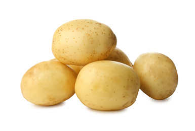 Photo of Fresh raw organic potatoes on white background