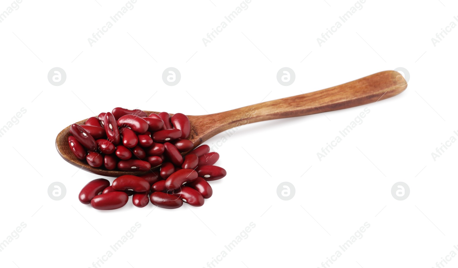 Photo of Raw red kidney beans with wooden spoon isolated on white