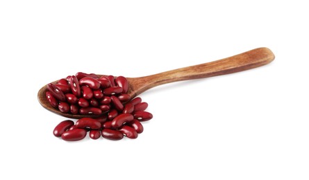 Photo of Raw red kidney beans with wooden spoon isolated on white